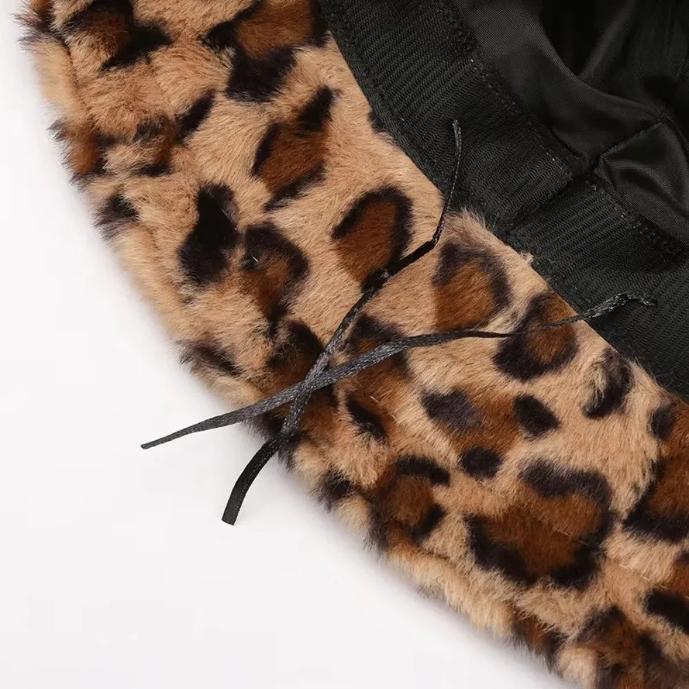 Fashion Korean Style Leopard Print Bucket Hat Thicken INS Winter Warm Hat Soft Windproof Women Bucket Hat Autumn and Winter
