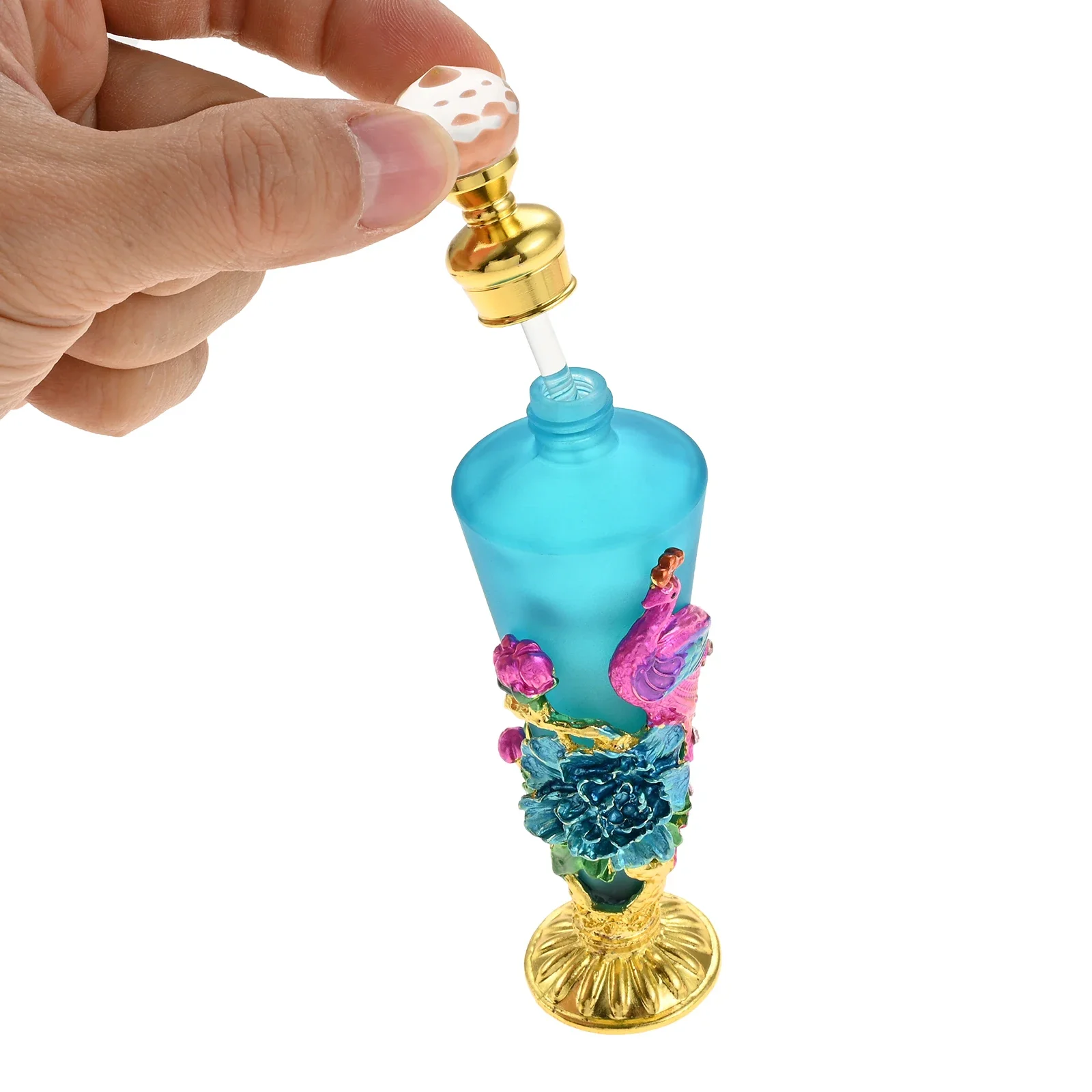 1pc 30ml Perfume Bottle Creative Enamel Peacock Flower Blue Conical Glass Jar Diamond Shape Lid 140mm/5.5