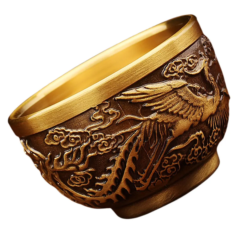 

Copper Tea Cup Chalice Brass Mug Goblet Teaware Chinese Kung Fu Office Style Dragon Phoenix Motif Solid Brass