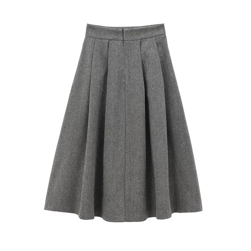 Office Lady Elegant Midi Skirt For Women Mid Waist Box Pleat A-line Autumn Winter Skirts Gray faldas mujer