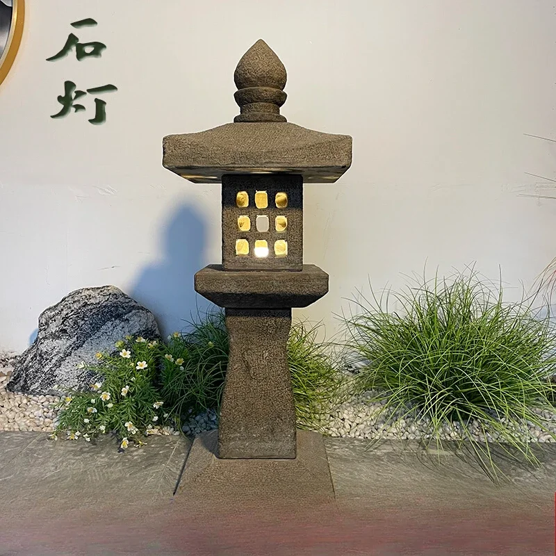 Stone lantern solar stone lamp courtyard antique Chinese bluestone headlamp landscaping outdoor lawn stone carving decorative