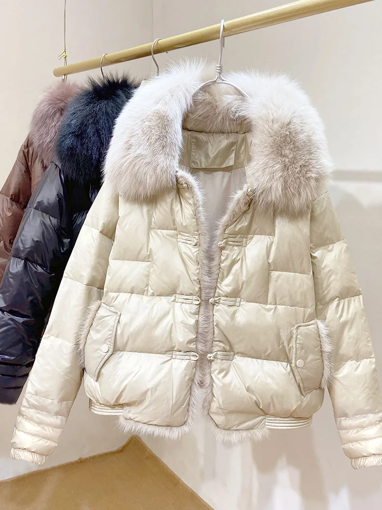 Lapel Fox Fur Big Fur Collar Stitching Mink Short Down Jacket New Women\'s Clothing Plate Buckle Bread Coat Winter Clothing Coats