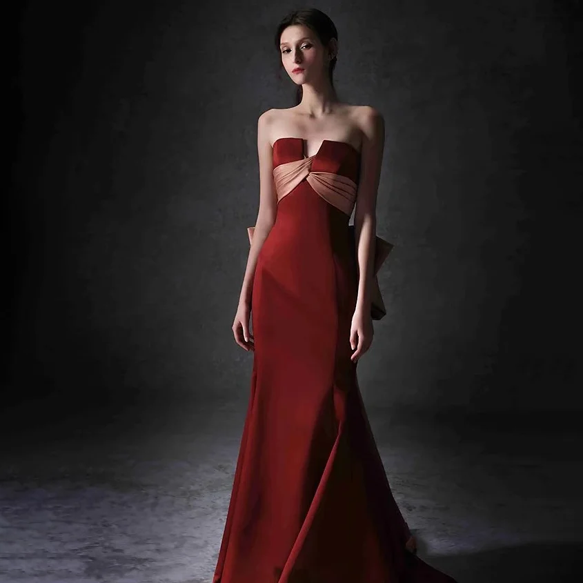 Sexy Red Satin Mermaid Zipper Evening Dresses Big Bow Train Strapless V Neck Sexy Long Bride Graceful Wedding Slim Prom Gowns