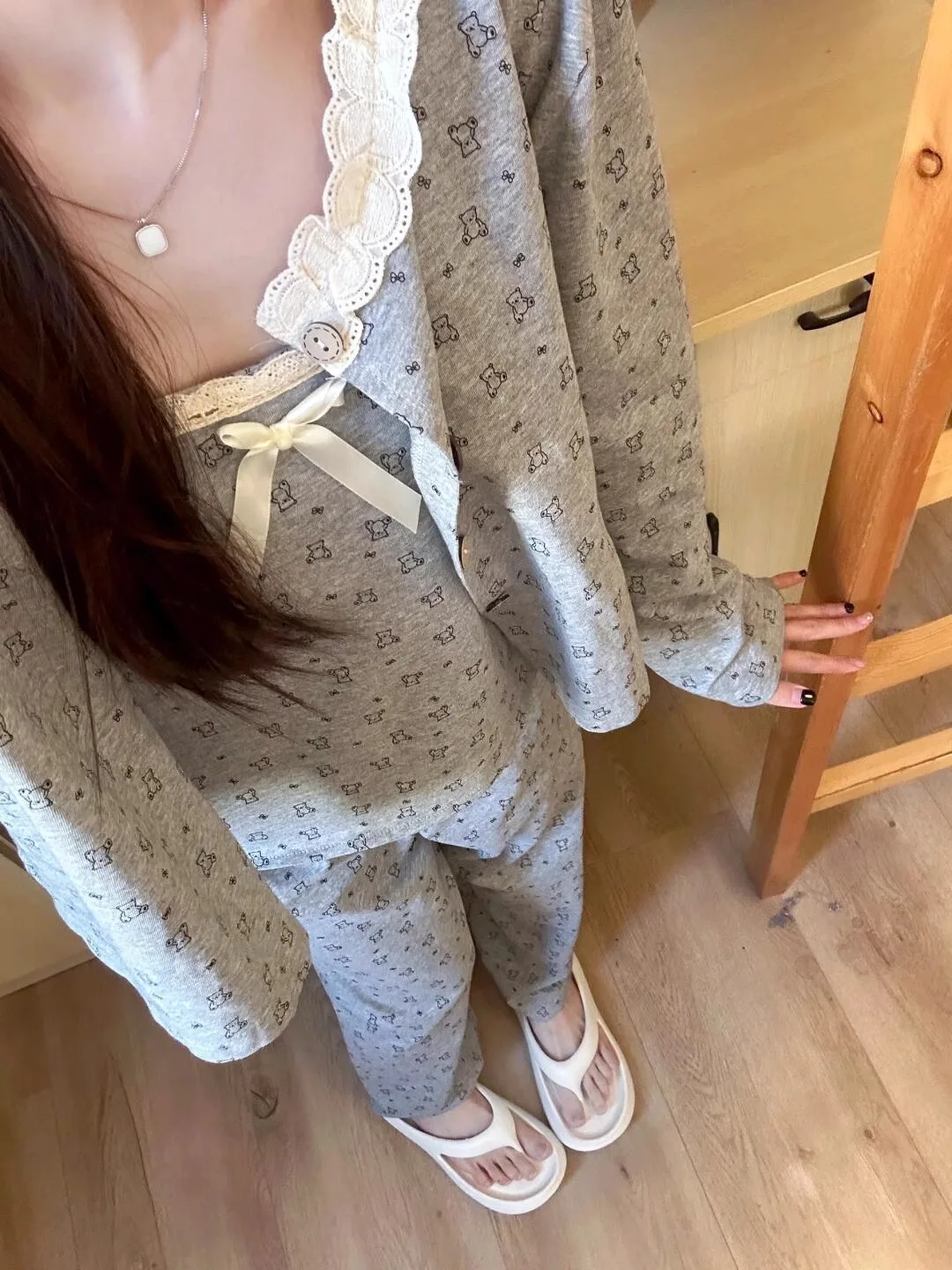 

Korean Style Long Sleeve Bear Cartoon Sleepwear Women's Spring Autumn Casual Home Clothes Three-Piece Set Sweet Cute
