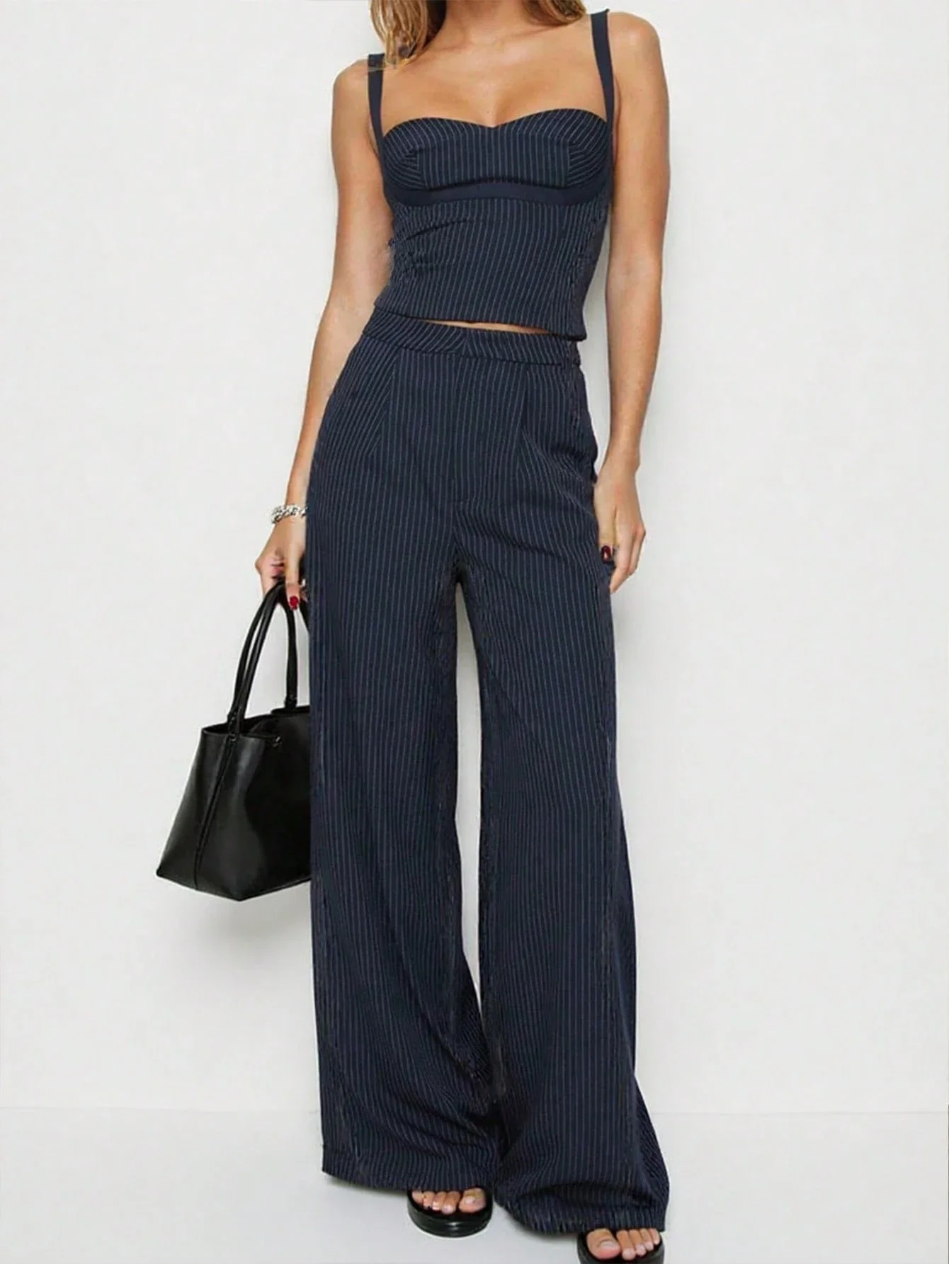 

2pcs Striped Camisole Top And Wide Leg Trousers Set Women Casual Summer Outfit