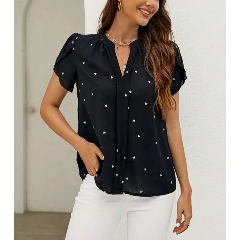 Summer New Elegant Simplicity Loose Casual Versatile Commuter Pullovers V-Neck Spliced Love Petal Sleeve Women\'s Shirt Tops