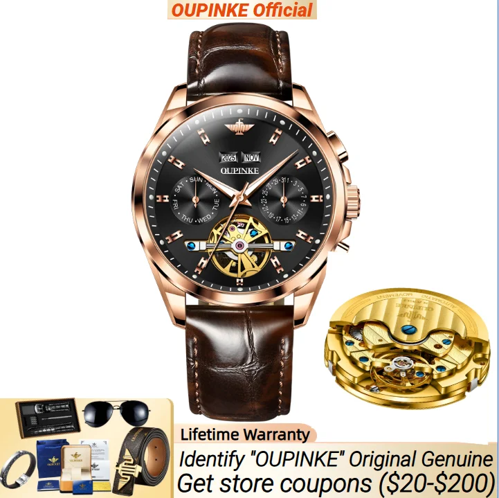

OUPINKE 3291 Man Watch Brown Leather Strap Skeleton Hollow Auto Date Automatic Mechanical Wrist watch for Men