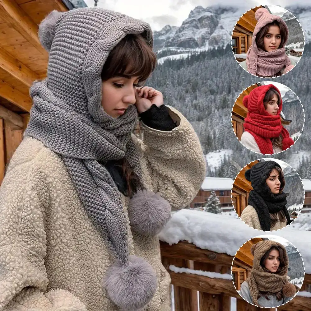 في الهواء الطلق الباردة واقية وشاح قبعة المتكاملة الحرارية قبعة صوف فو الفراء الكرة الأذن حماية وشاح تويست متماسكة قبعة بالاكلافا مع بوم