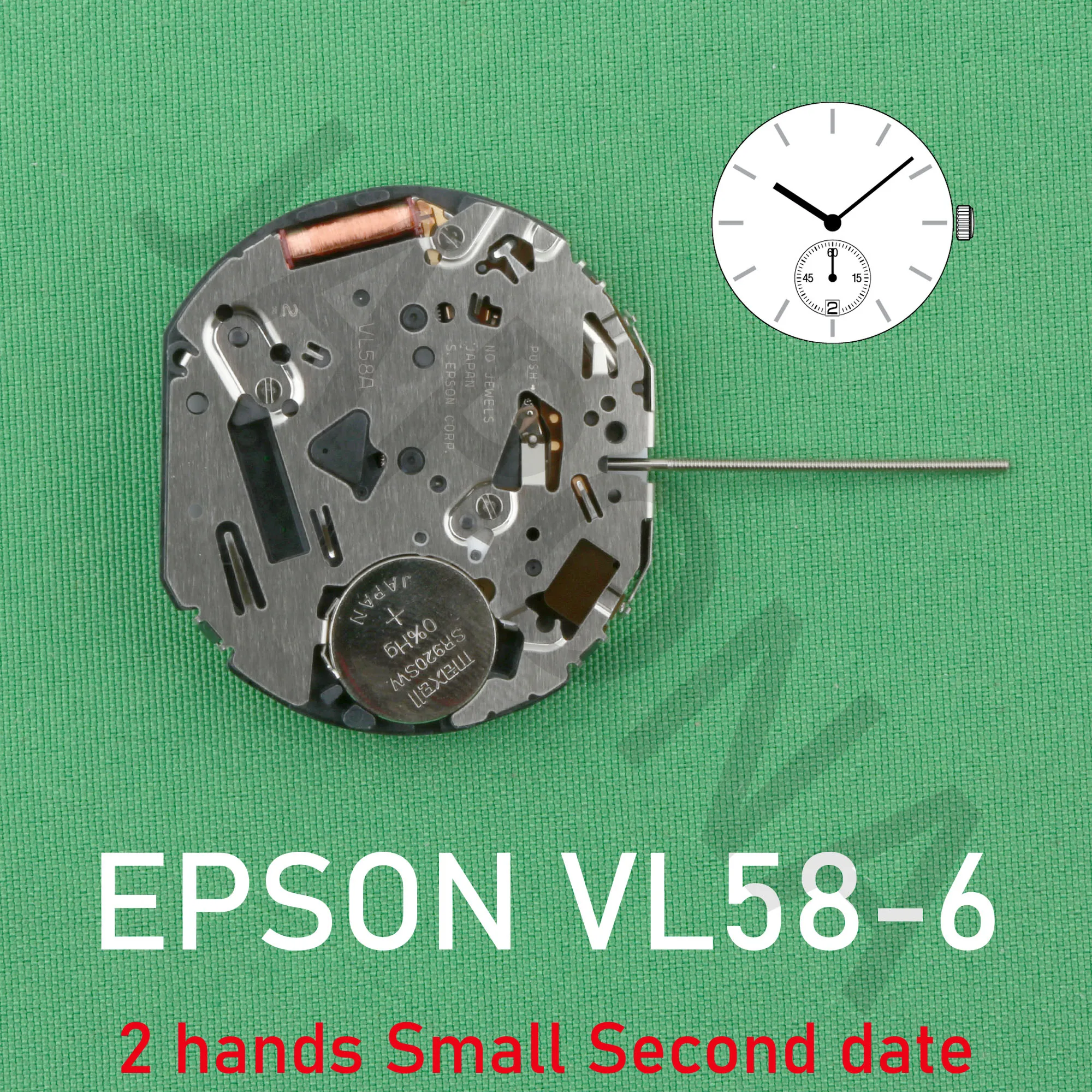 ساعة حركة إبسون VL58 ، VL58A ، 2 يد وصغيرة ، تاريخ ثاني ، حركة العضلات