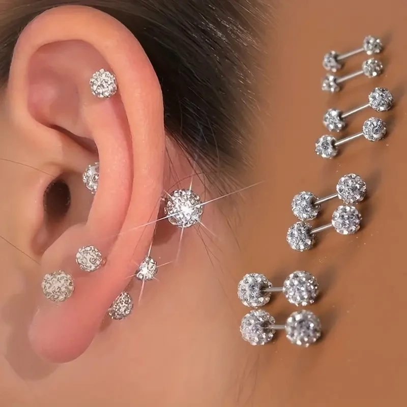 2/8pcs Elegant Stud Earrings with Shining CZ Crystal Ball Fashionable Women Men Perfect Stylish Gifts