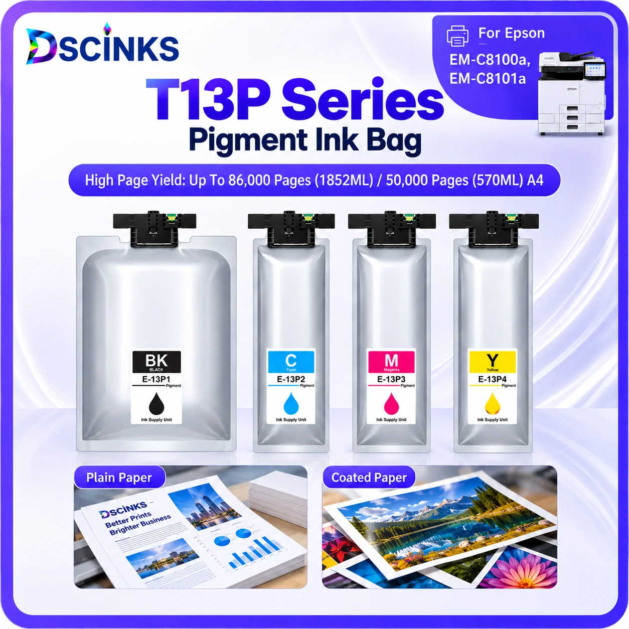 For Epson T13P1 T13P2 T13P3 T13P4 Compatible Pigment Ink Bag With One‑Time Chip, Fit For EM‑C8100a EM‑C8101a, China Region