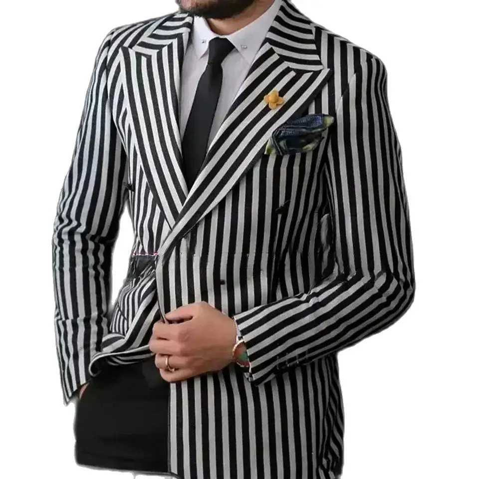 Luxury Men\'s Suits Blazer Black White Stripe Double Breasted Peaked Lapel Elegant 2 Piece Jacket Pants Slim Fit Tailor Clothing