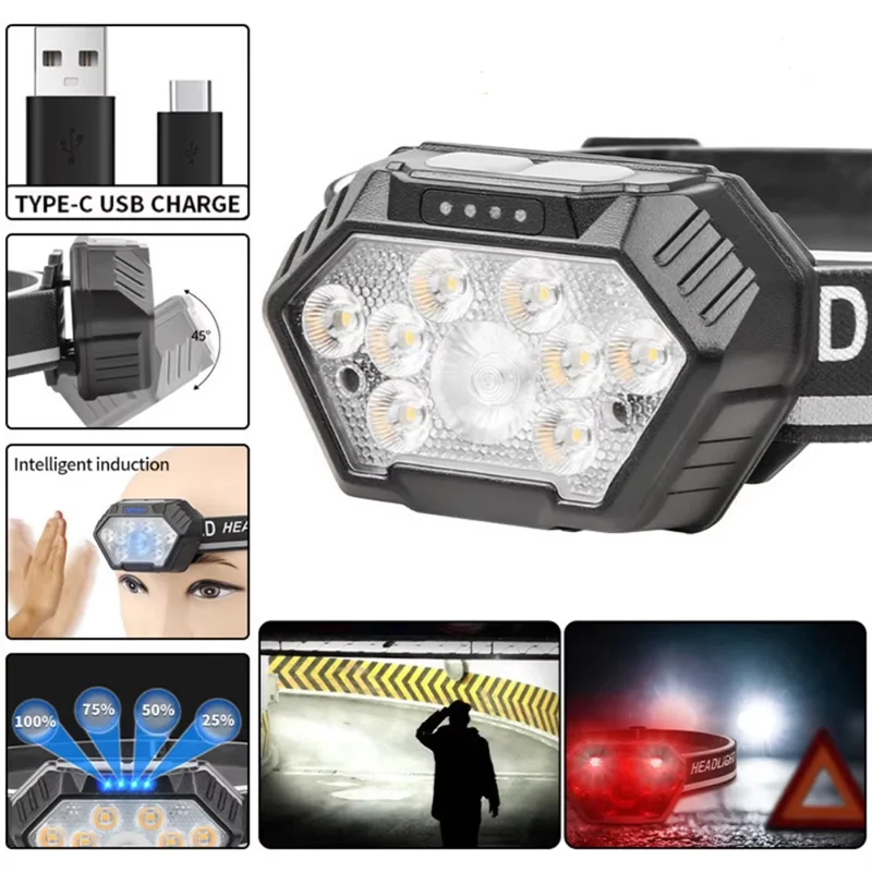 ABZV-Super Bright Forehead Farol Sensor de Movimento LED Farol de Acampamento Cabeça de Pesca Lanterna Cabeça Luz À Prova D 'Água