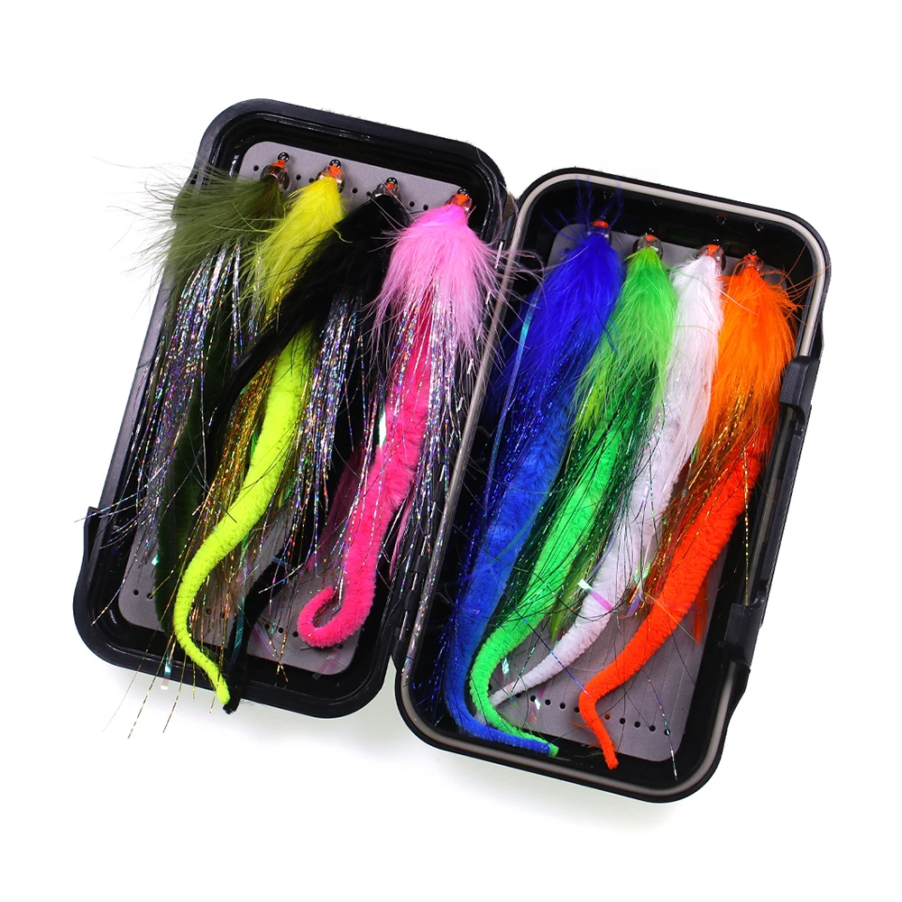 

8 шт. # Искусственная приманка 2/0 Big Baitfish Fly Fishing Dragon Tail Streamers с двусторонней коробкой для ловли щуки, муски, полосатого окуня