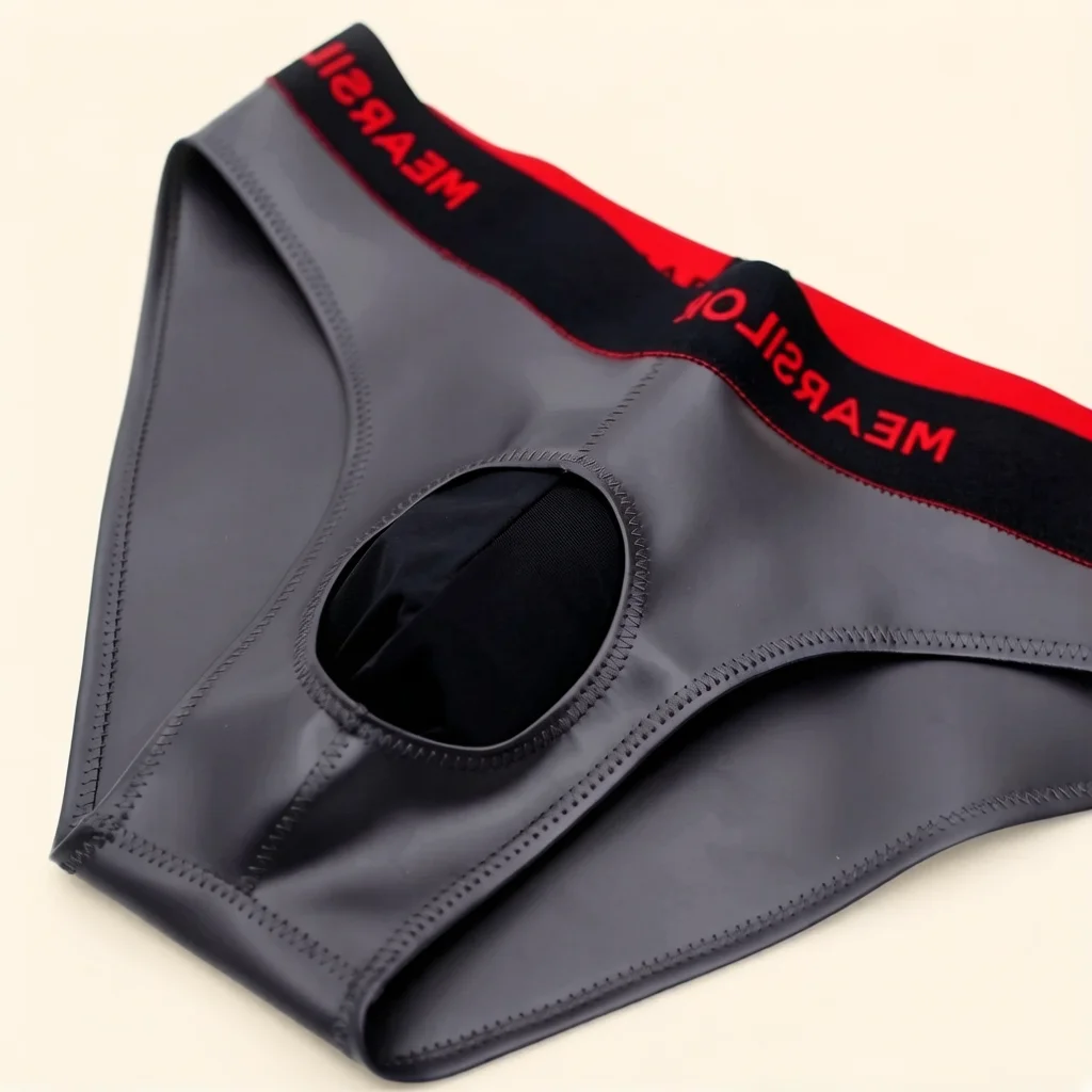 Men's Fashion Ice Silk Hole Convex Crotch Low Waist Panties Cloth Latex Patchwork PU Leather Underwear Man Lingerie Briefs New