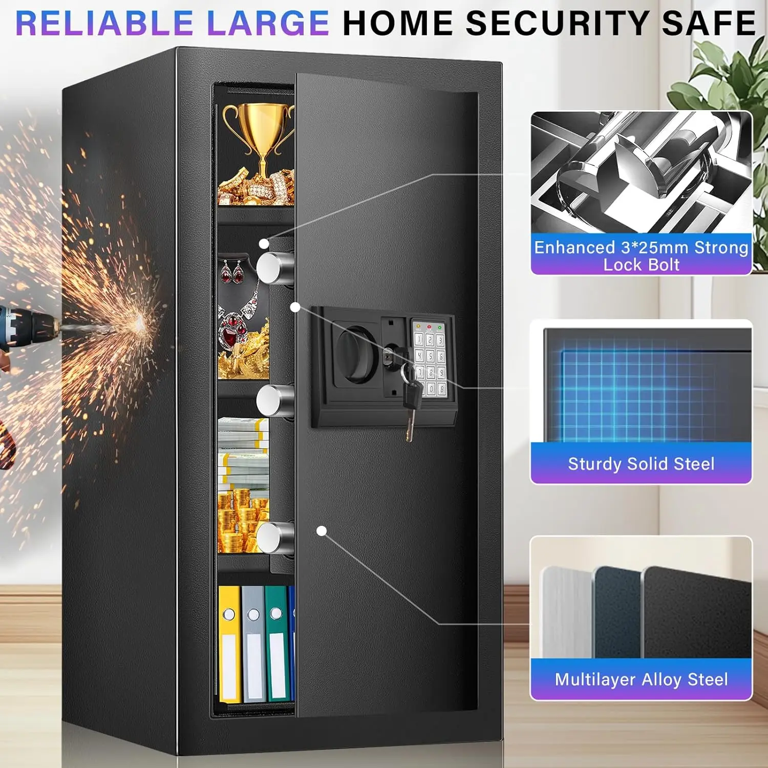 6.0 Cuft Safe Box, Home Safe with Fireproof Waterproof Bag, Anti-Theft Digital Security Lock Box with Smart Alert System, Remova