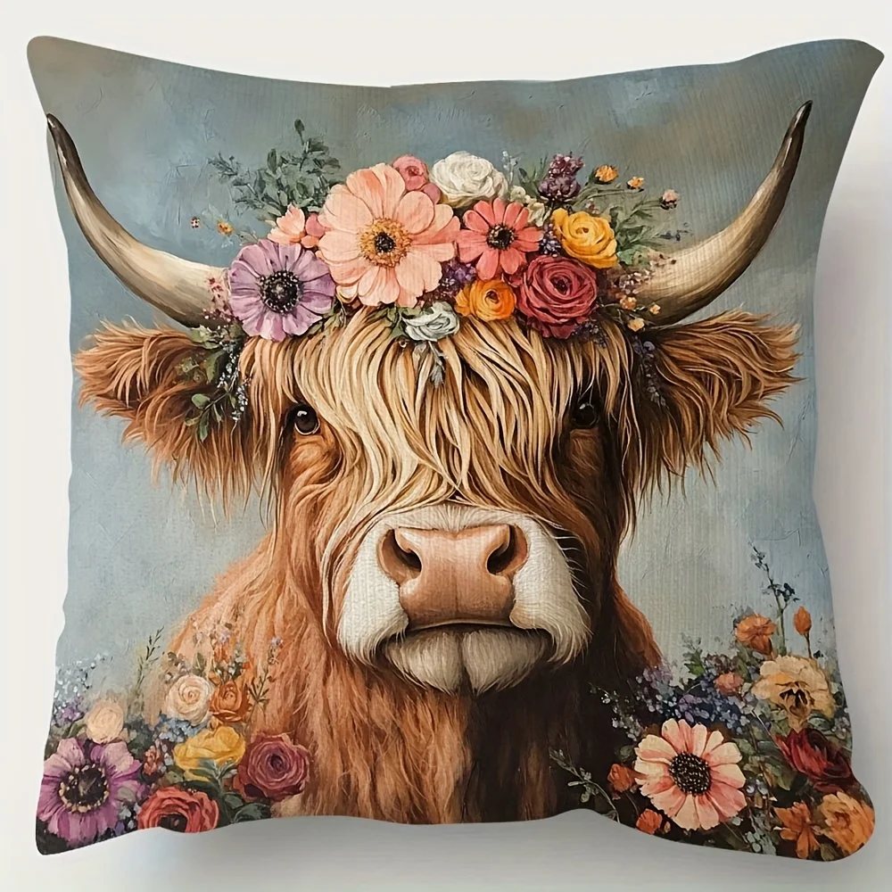 1pc Boho Cow Floral Decor Pillow Cover - 18