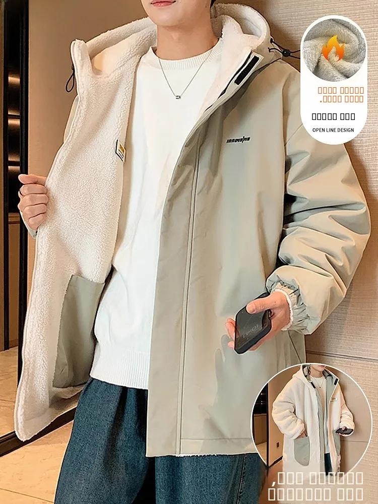 

Men's Double-Sided Wear Lamb Velvet Jaet Spring Autumn Casual Hooded Fce-Lined Cotton irt Winter Windproof Zipper Deco...