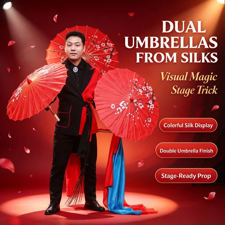 Professional  Dual Umbrellas from Silks Magic Trick Peony Umbrella Production Stage Magic Props Magician Gimmick Silk Scarves