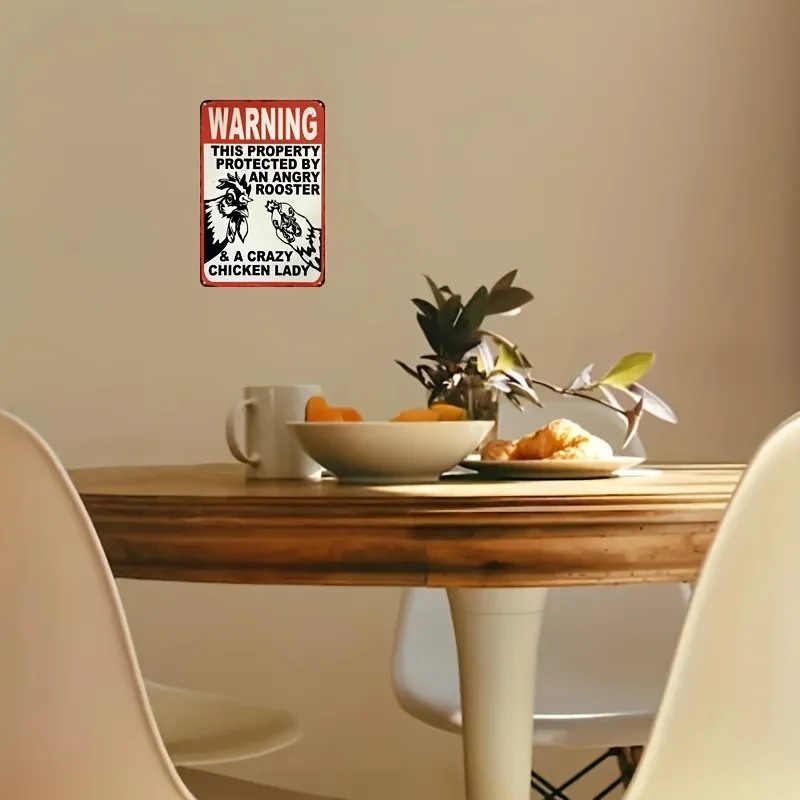 2D Flat, Funny Farmhouse Warning Sign - Protected by Angry Roosters & Crazy Chicken Lady - Vintage Metal Tin Poster