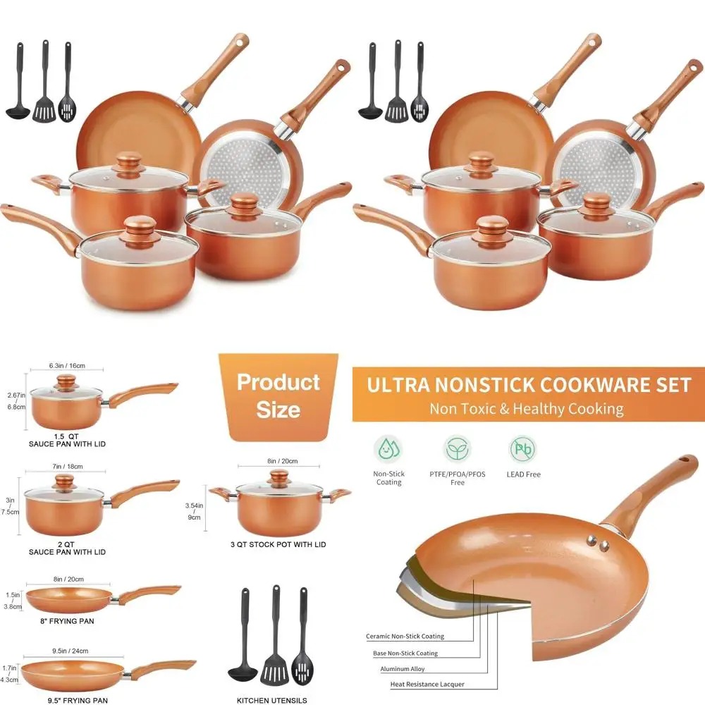 

Набор посуды из 11 предметов с ультранепригорающим медным покрытием, с охлаждающими ручками и нейлоновыми принадлежностями, подходит для газовых и индукционных плит