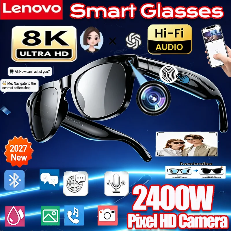 Lenovo 8K Camera 2400MP AI Smart Glasses Video Photo Bluetooth Conversation AI Translation Recording Music Smart Sunglasses NEW