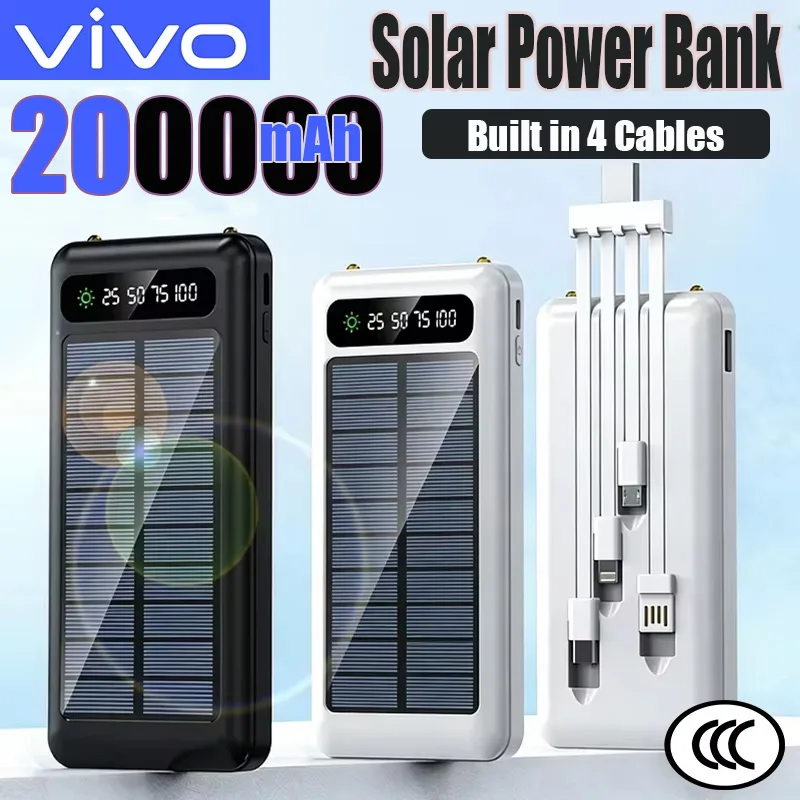 

Солнечный внешний аккумулятор VIVO 200000 мАч с супербыстрой зарядкой, встроенными 4 кабелями, большой емкостью для iPhone, Samsung, Huawei