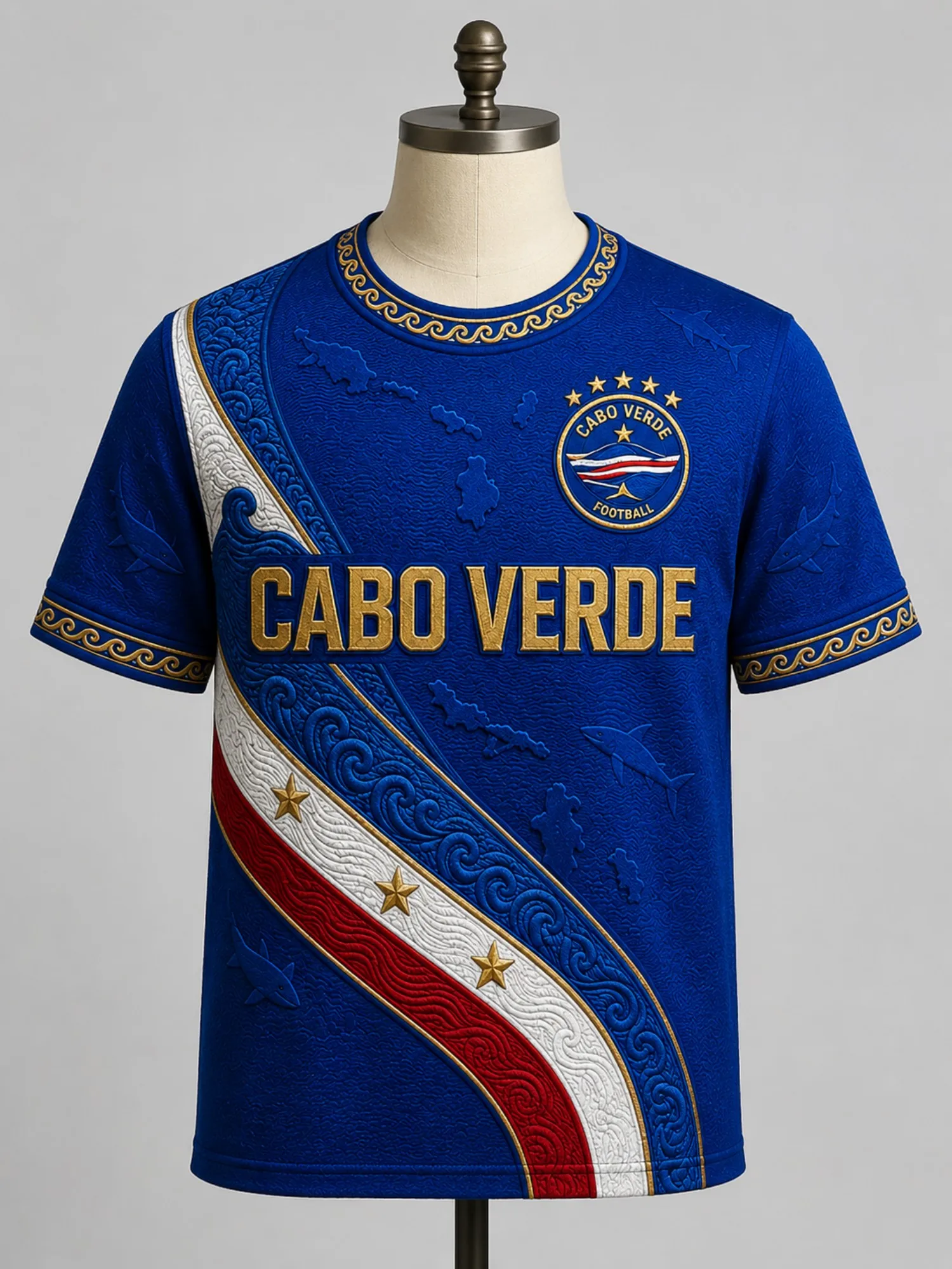 Mens Cabo Verde Crew Neck T Shirt Blue Circle Football Wave Print Short Sleeve Casual Top Coastal Vacation Summer Style Vacation