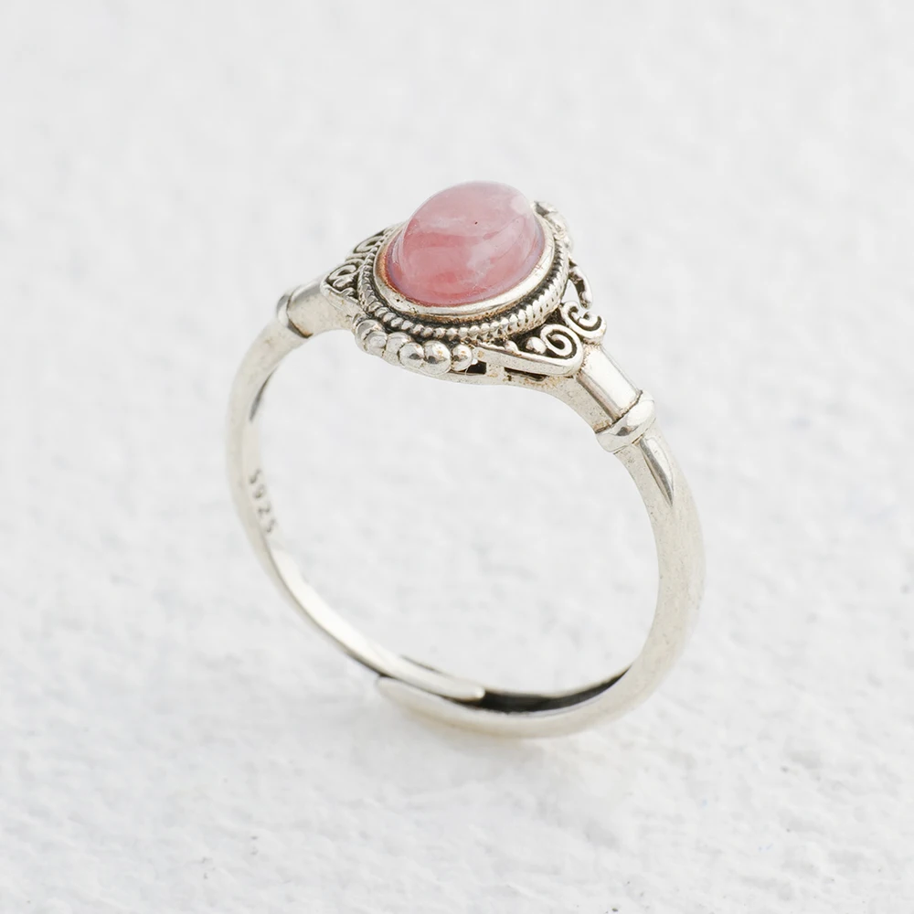 أصيلة S925 الفضة الرودوكروسيت خاتم الطبيعية الوردي الأحجار الكريمة أنيقة الأزهار تصميم البوهيمي المجوهرات هدية
