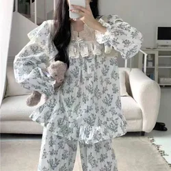 2024 New Sweet Princess Style Pajamas Women's Autumn Winter Lace Side Nightdress Long Sleeve Trousers Loungewear Loose Homewear