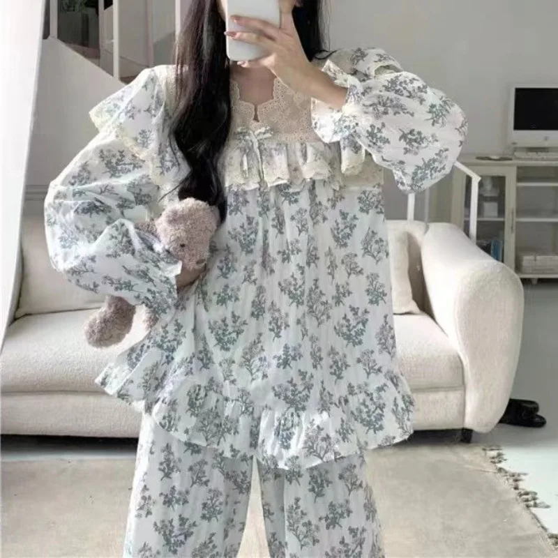 New Sweet Princess Style Pajamas Women's Autumn and Winter Lace Side Nightdress Long Sleeve Trousers Loungewear Loose Homewear
