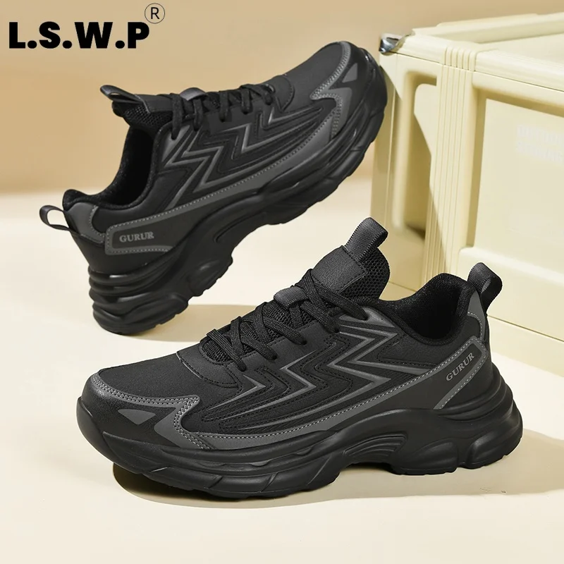 Men's Running Shoes, Tennis Shoes, Autumn and Winter Men's Thick-Soled Height-Increasing Dad Shoes, Simple Leather Surface, Windproof, Stain-Resistant Men's Sports Shoes, with Rebound Cushioning, Non-Slip, Wear-Resistant, Casual Running Shoes Suitable for Daily Work, Walking, Outings, Fitness, Versatile Trendy Men's Shoes