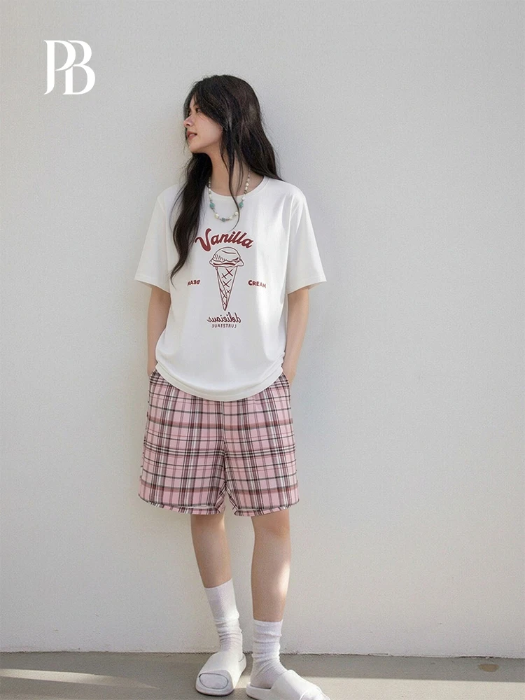 PinkBread Pure Cotton Sleepwear Women's round Neck Short Sleeve Pink Summer Home Clothes Suitable for Outdoor Casual Wear