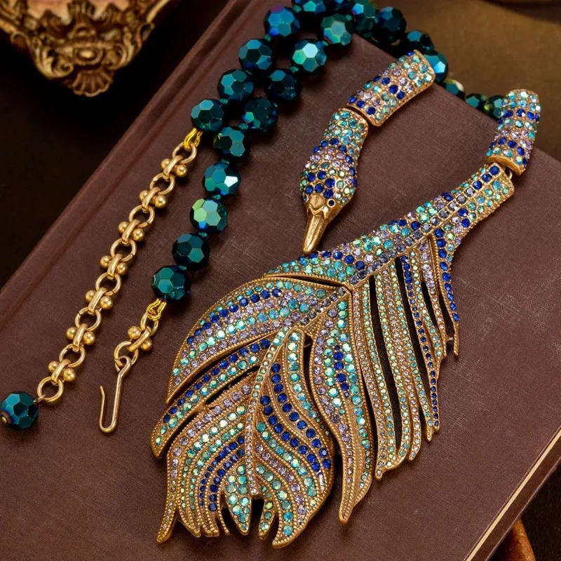 Retro Peacock Necklace Sparkling Rhinestone Exaggerated High‑End Women Fashion Jewelry