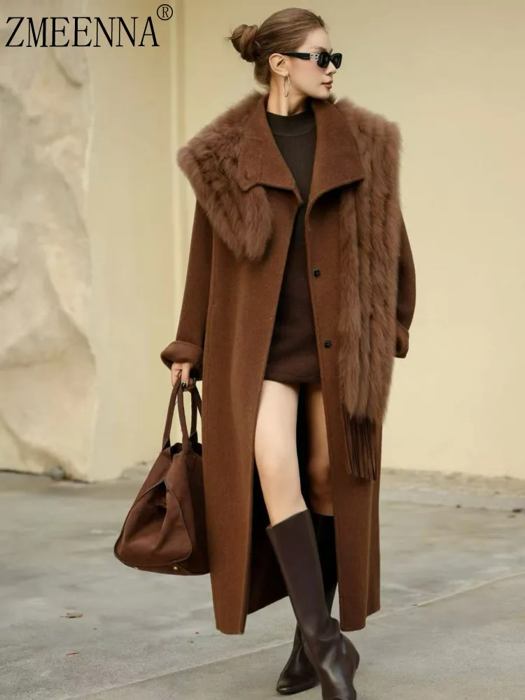 

ZMEENNA женское длинное шерстяное пальто элегантное коричневое зимнее пальто теплая верхняя одежда для женщин модные свободные пальто ZM4432