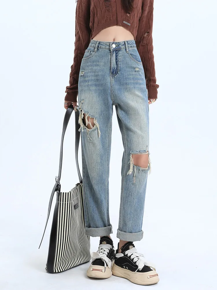 

Casual Hole boyfriend jeans for women Blue Loose Washed High Waist Vintage Denim Baggy Harem Pants