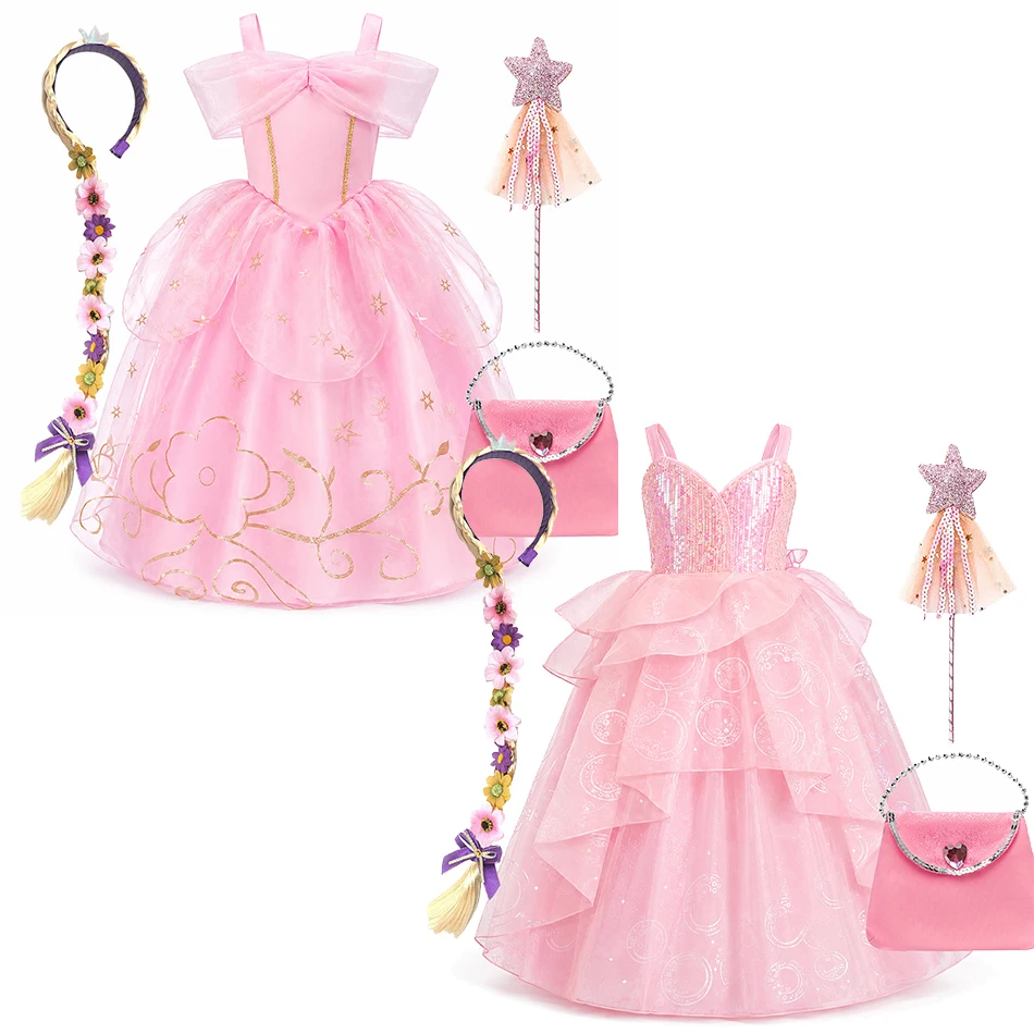 Girls Pink Princess Dress Kids Cosplay Costume Accessories Set Children Birthday Party Sequin Tulle Gown Fancy Dress Up Outfit