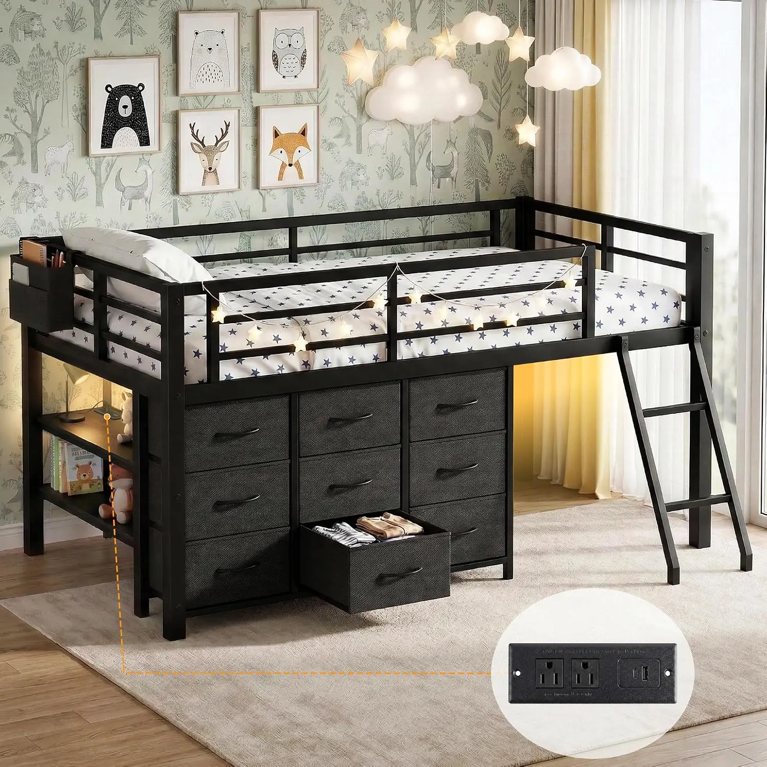 Twin Loft Bed with 9 Storage Drawers & Charging Station, Black | Heavy Duty Metal Frame, Storage Shelves & Stair,, Customized