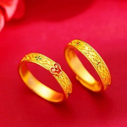 

AU999 gold ring female enamel auspicious pattern jewelry 24K pure gold couple ring fashion retro style ring versatile jewelry