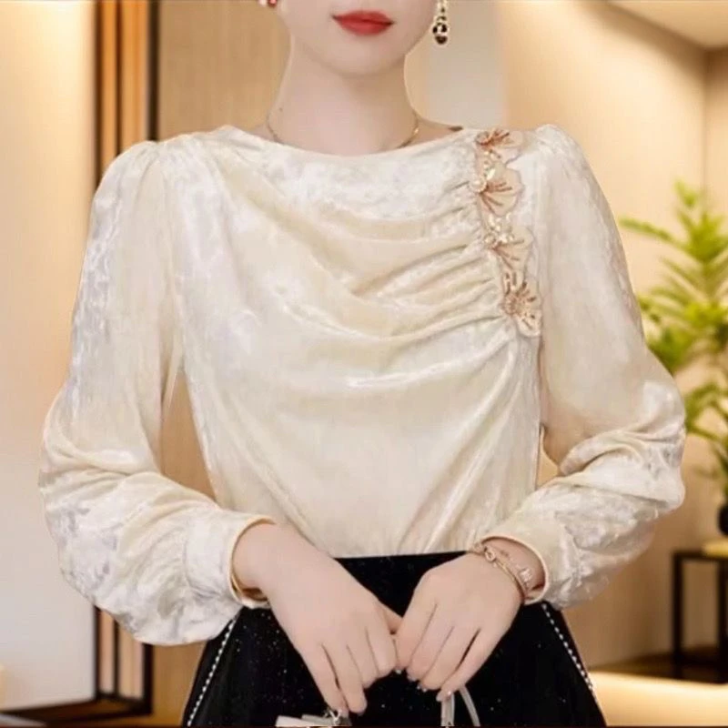 

Elegant Embroidered Velvet Shirt Women's Fashionable Tie Neck Design Spring New Style Retro Court Style Chinese Fashion Brand