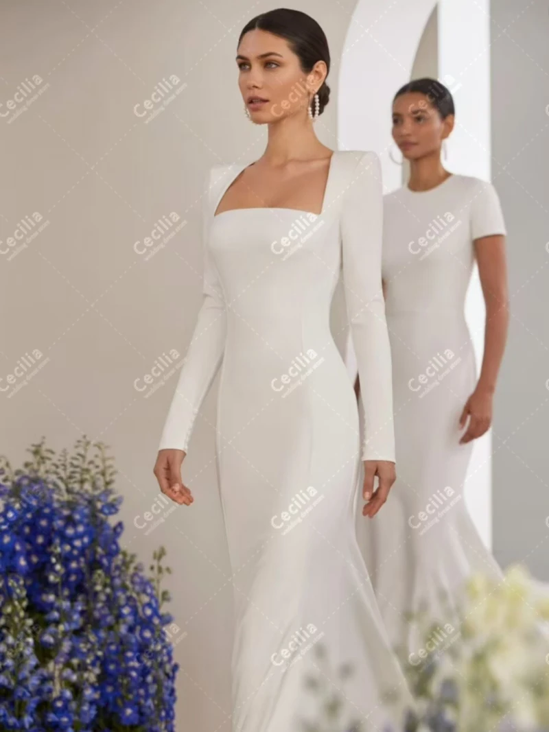 Abiti da sposa semplici Abiti da sposa modesti Abiti in raso Maniche lunghe Colletto quadrato Abiti per le spose Abiti da sposa personalizzati