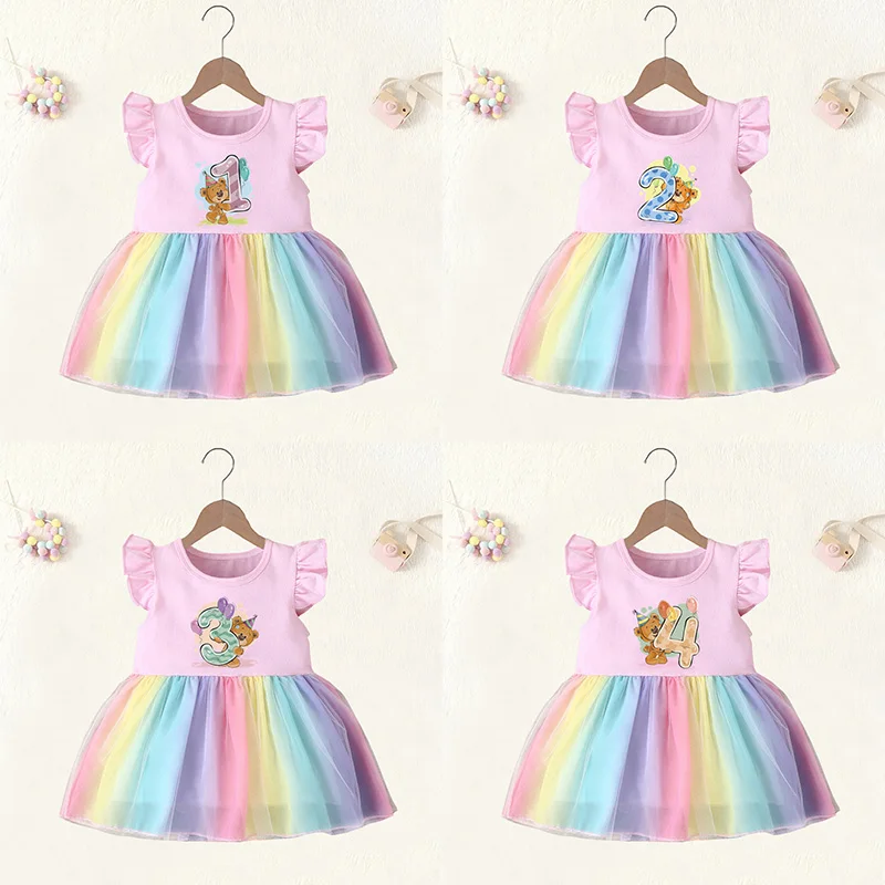 

Baby Girl Clothes 1 2 3 4 Years Birthday Dress Cute Bear Winnie Print Princess Pink Vestidos Toddler Girls Rainbow Mesh Dresses