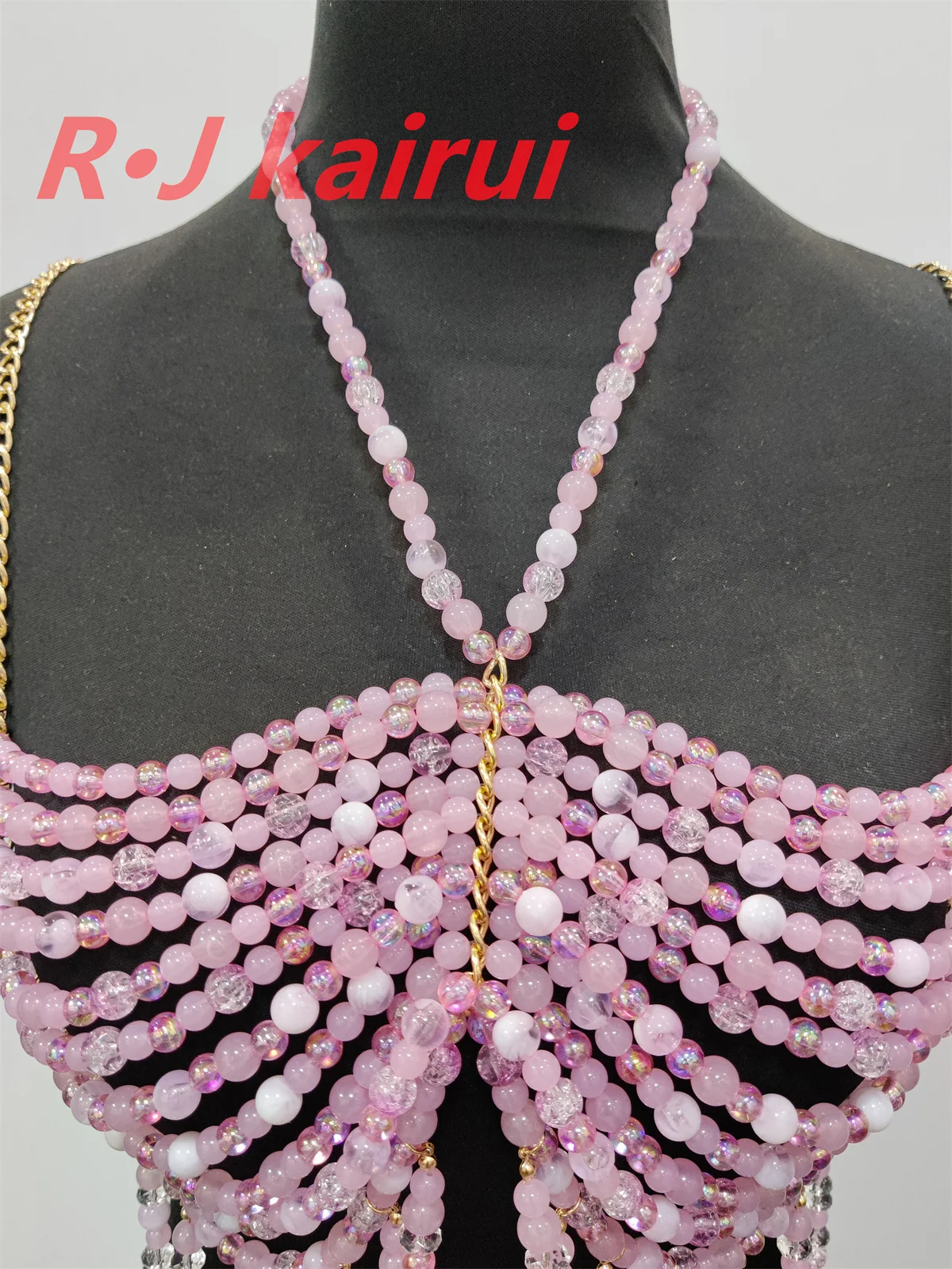 RJ Fashion Sexy Metal Acrylic Neck Body Chain Pastel Pink Beads Halter Dress Masquerade Stage Party Jewelry Accessories