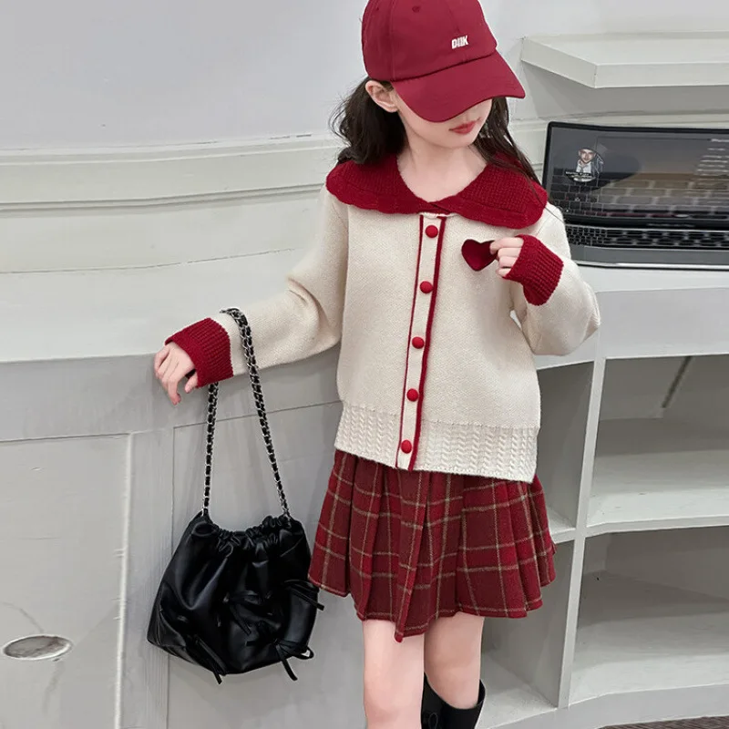 

2025 Autumn School Girls Outfit Junior Girls Patchwork Turn Down Collar Sweater Kids Girls Plaid Pleated 4-14Y Girls 2pcs Sets