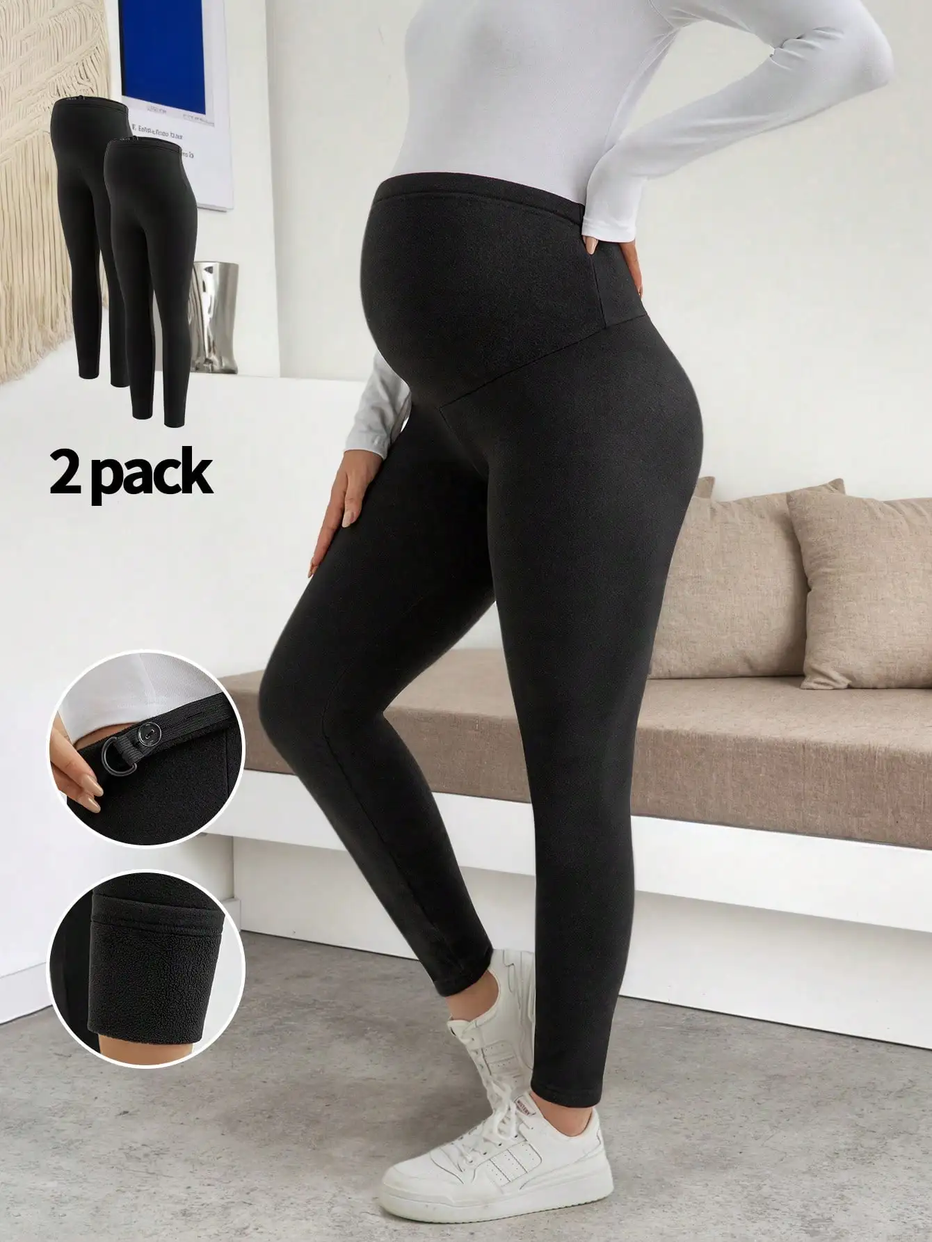 マタニティ-レディース-ドレスレギンス-ドレスの下に着用-2-パック-ブラック-フリース裏地付き-ハイウエスト-調節可能-デイリー-カジュアル