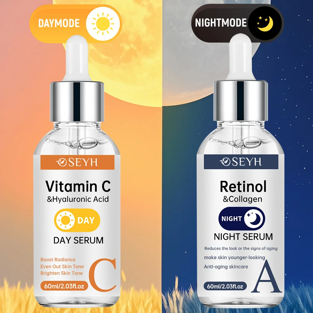 SEYH Vitamin C + Retinol Night Day Essence Double Moisturizing Set 2pcs Collagen Niacinamide Aloe Vera Hydrating Skin Brightenin