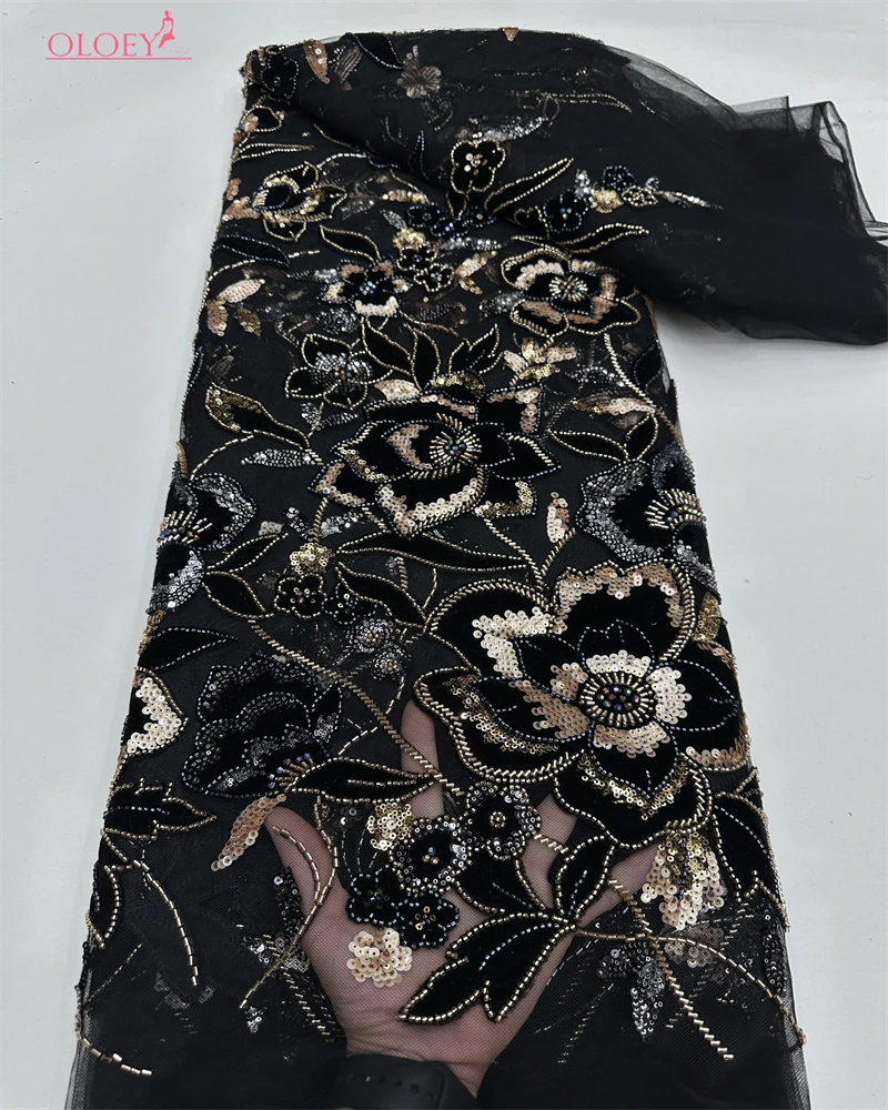 OLOEY  Luxury Velvet Lace Fabric Beaded High Quality Nigerian Beaded Lace Fabric Fashion Sequins African Laces Fabric For - Image 5