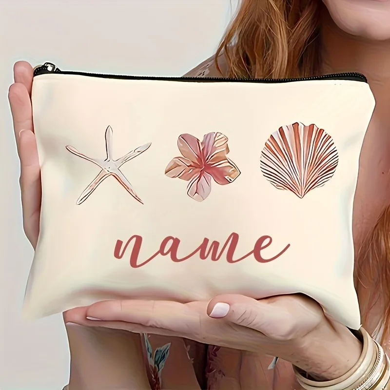 Personalized Custom Beach Cosmetic Bag Seashells Starfish Floral Design Travel Organizer Zipper Closure Bridesmaids Handbags