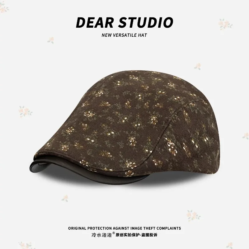 Ins Retro Floral Stitching PU Leather Brim Forward Hats for Women Spring and Autumn Street Leisure Versatile Literary Berets