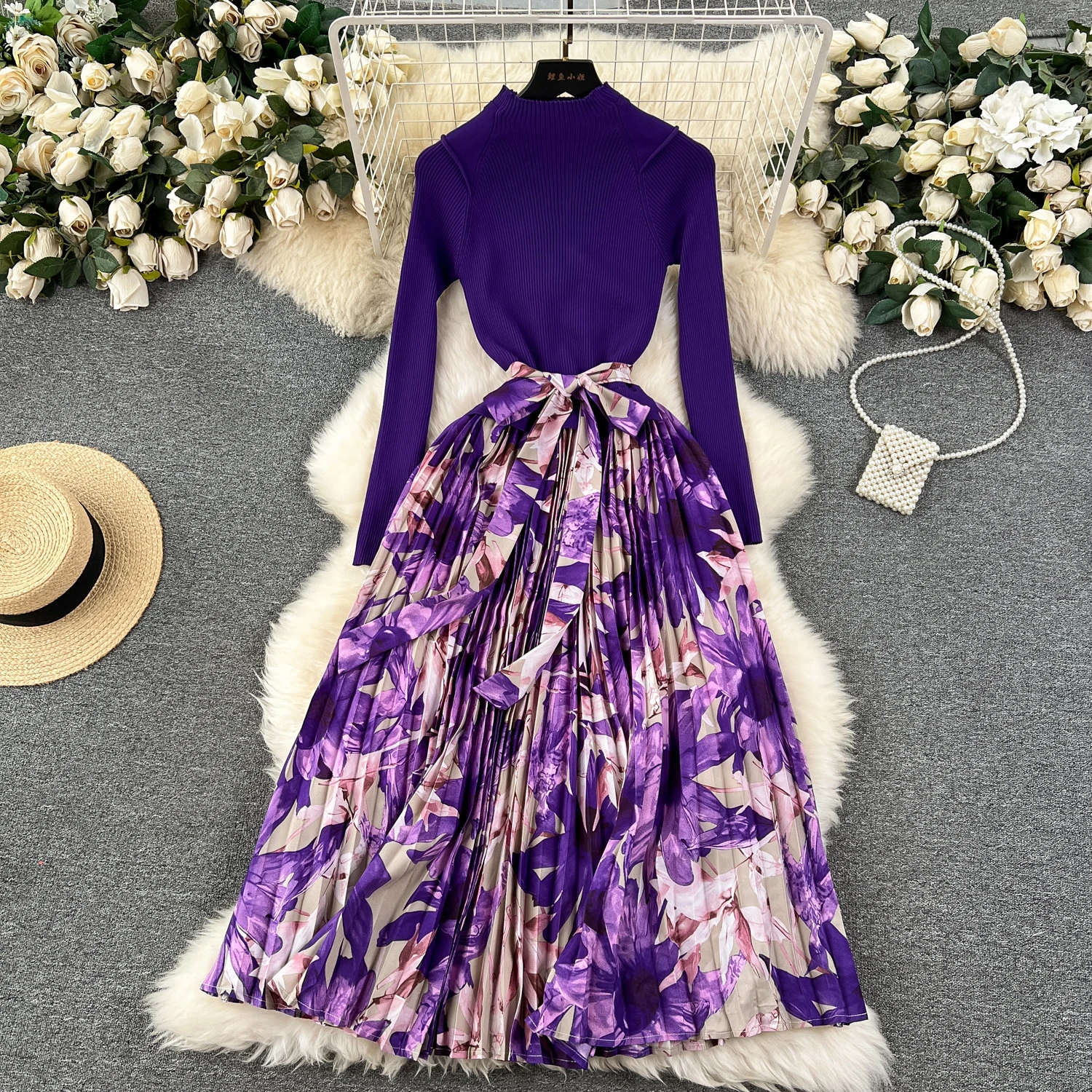 New Spring Autumn Flower Print Stitching Pleated Dress Women Elegant Stretch Knitted Long Sleeve OL Office Midi Dress With Belt